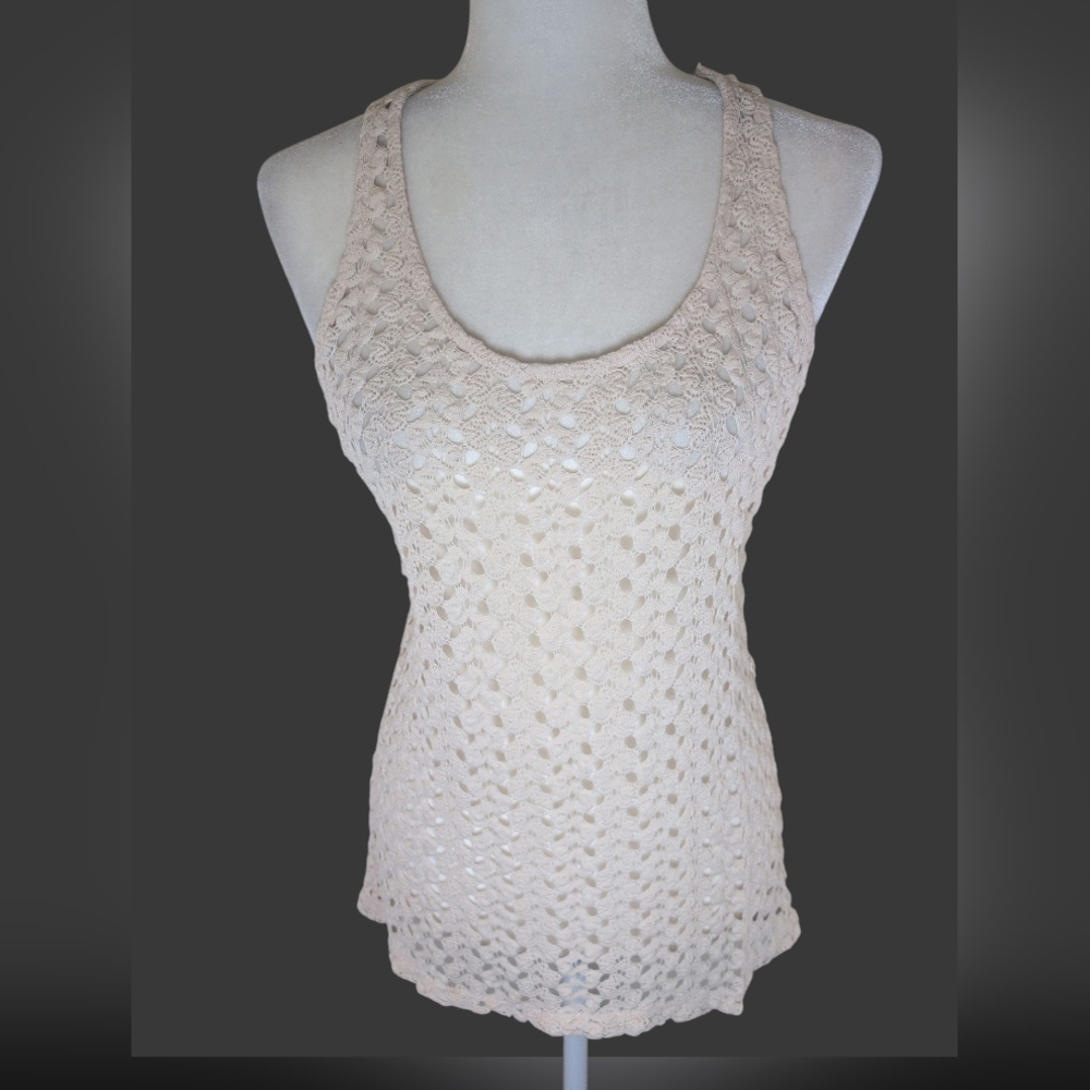 Pretty Rebellious Women M Ivory Tank Top Cami Crochet Boho Open Knit Racer back